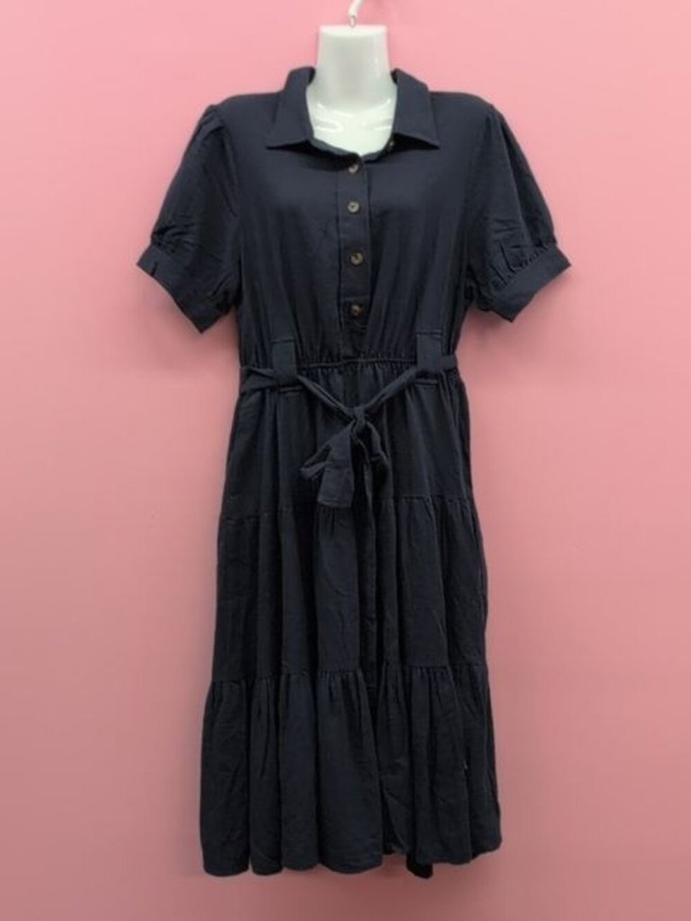 Kaileigh Naurela Puff Sleeve Button Collared Women's Shirt Dress XLP Black